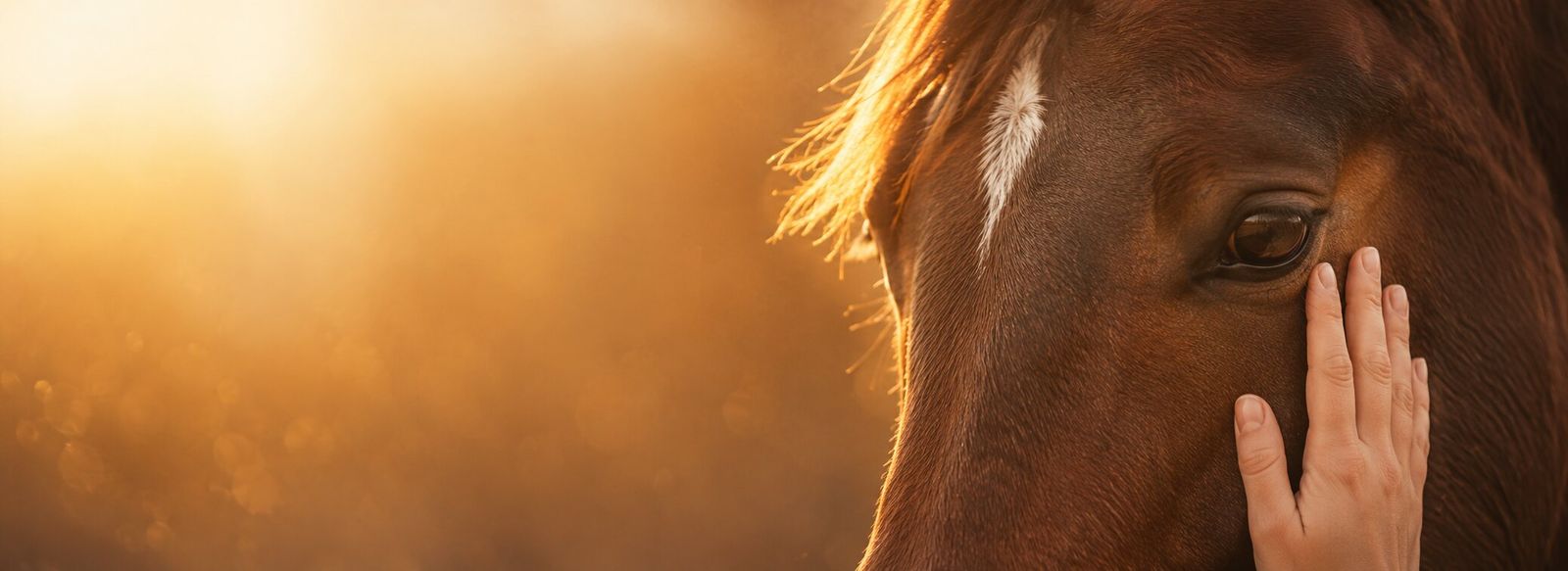 Cheval en gros plan avec main posée doucement