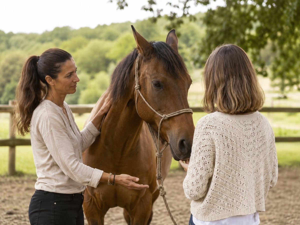 Praticienne accompagnant une personne près d’un cheval