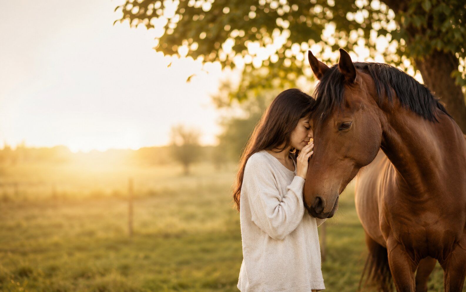 Personne en interaction douce avec un cheval