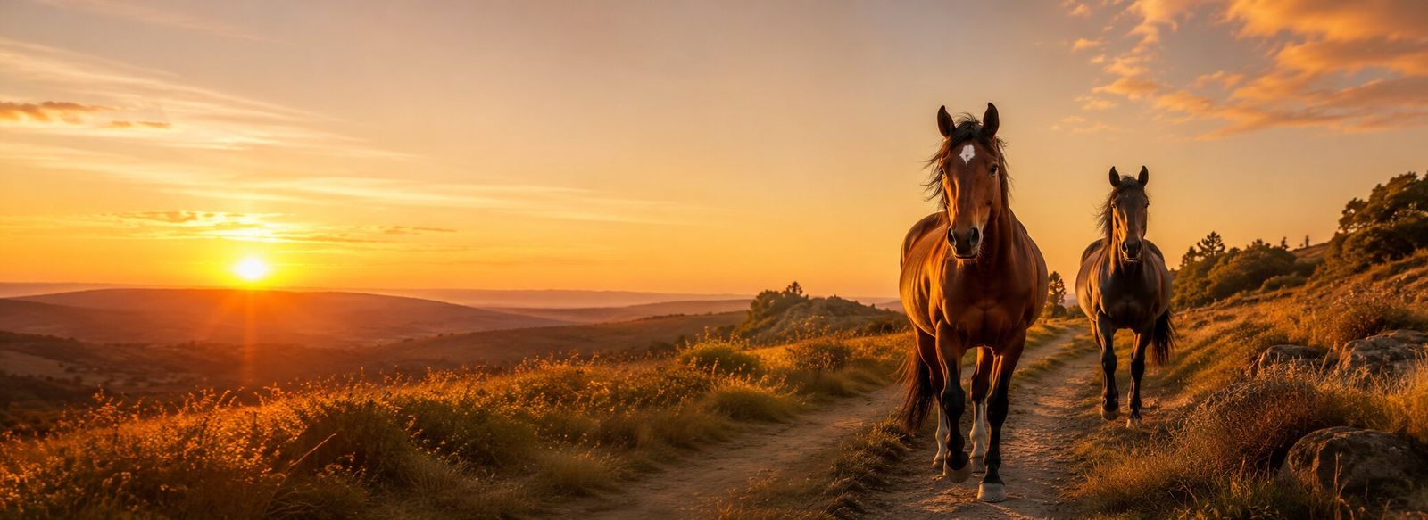 Chevaux dans un paysage de Provence au coucher du soleil